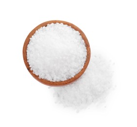 Photo of Wooden bowl and heap of natural sea salt isolated on white, top view