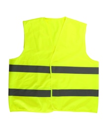 Photo of Safety vest on white background, top view. Construction tools and equipment