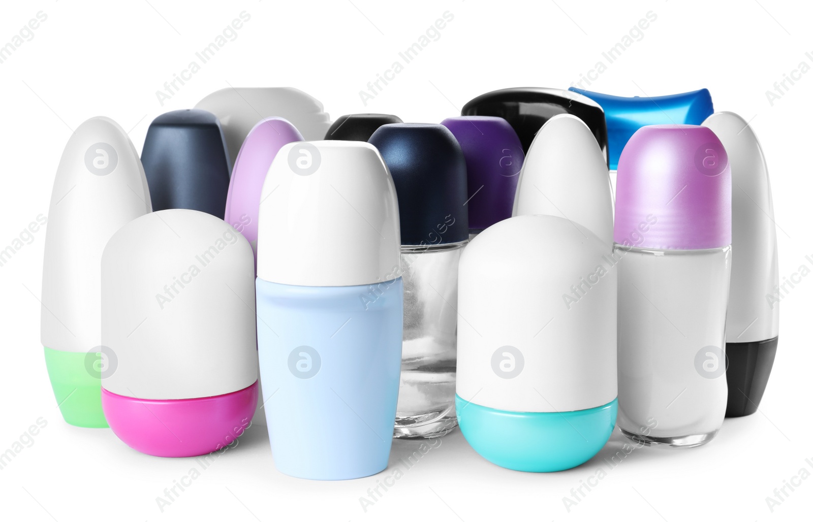 Photo of Different natural deodorants on white background. Skin care