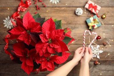 Photo of Woman with candy canes near poinsettia (traditional Christmas flower) at wooden table, top view