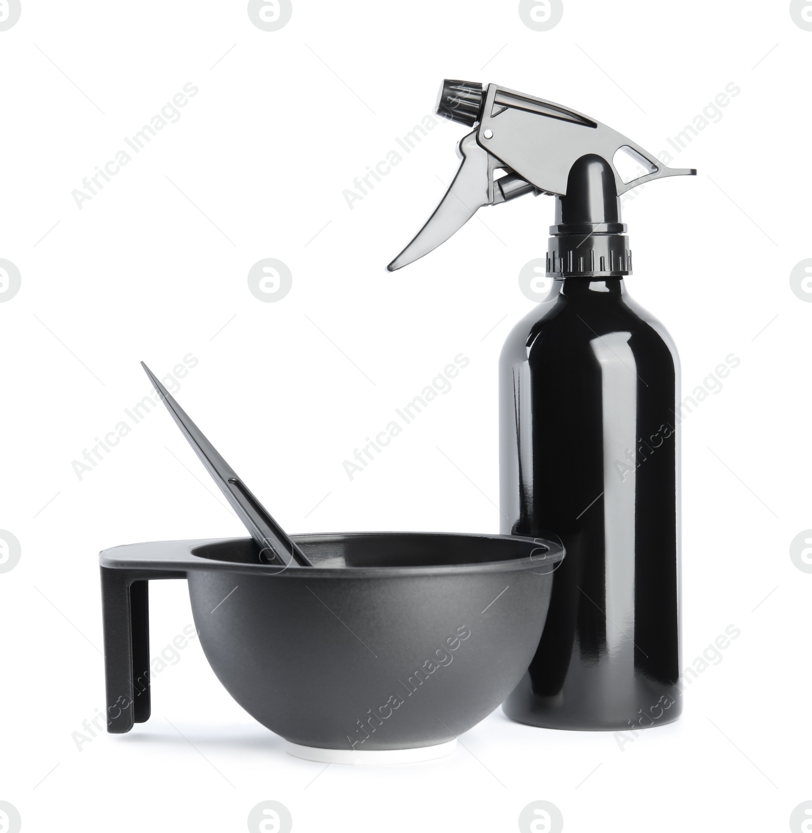 Photo of Professional tools for hair dyeing on white background