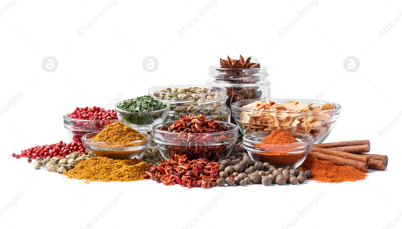 Photo of Bowls with different spices on white background