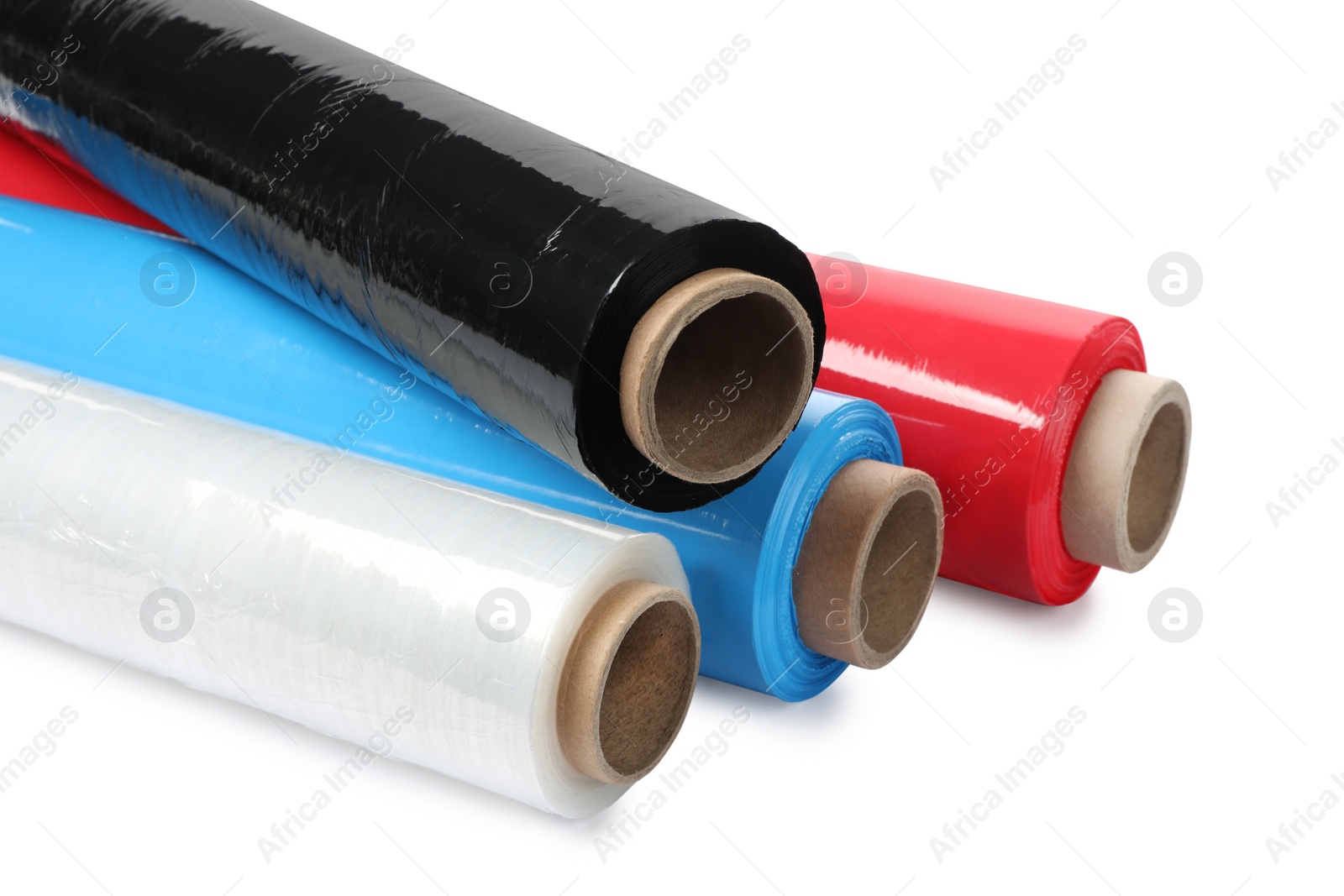 Photo of Different plastic stretch wrap films on white background