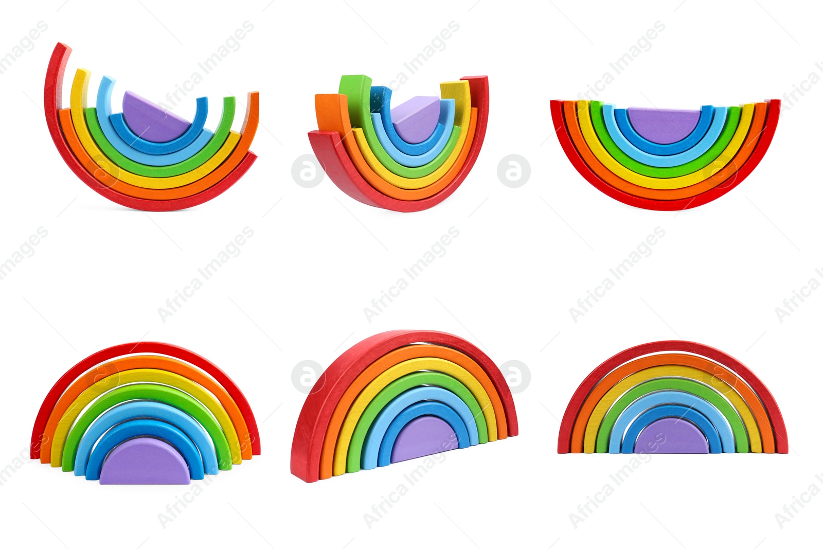 Image of Bright colorful rainbow isolated on white, different angles. Collage design with children's toy