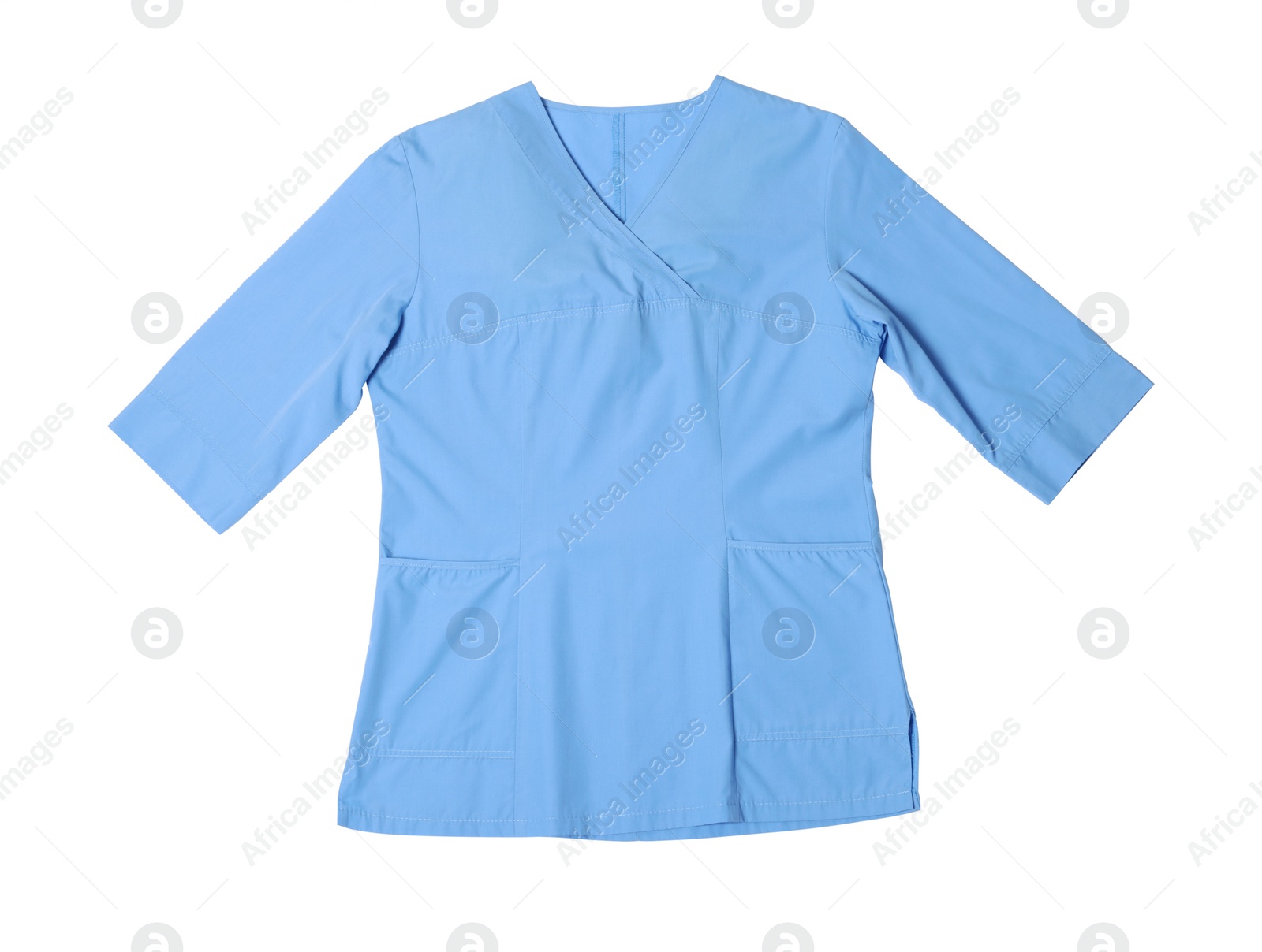 Photo of Blue medical uniform isolated on white, top view