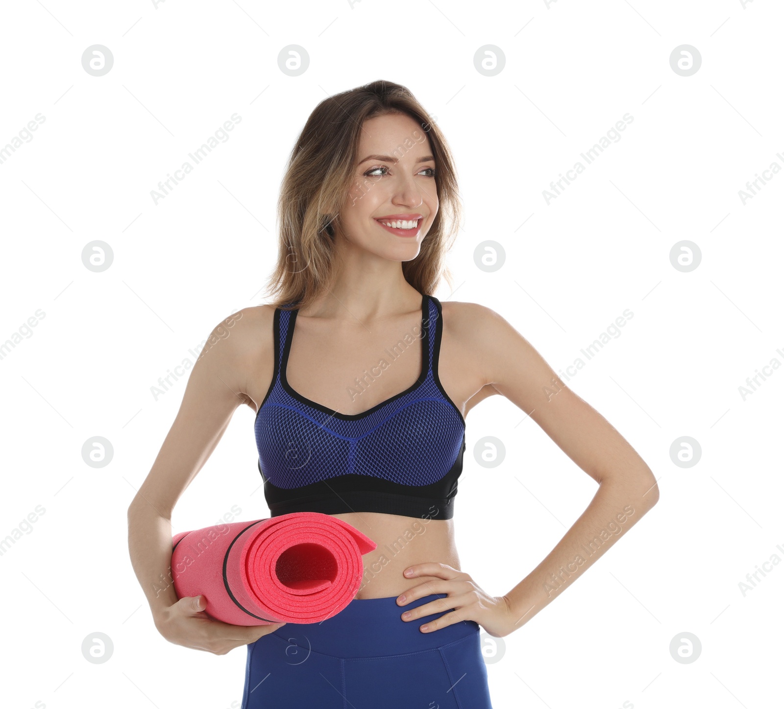 Photo of Beautiful woman with yoga mat on white background