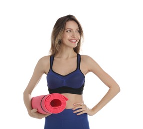 Beautiful woman with yoga mat on white background