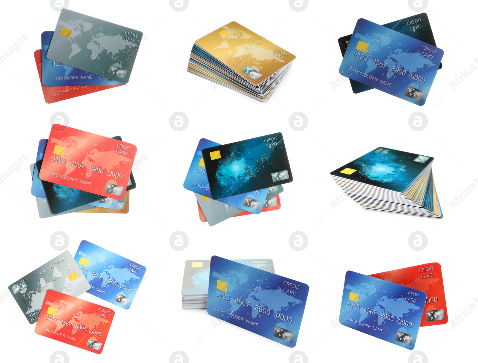 Image of Set of modern credit cards on white background