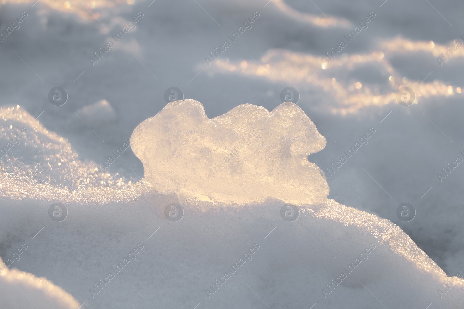 Photo of Snow with piece of ice outdoors on sunny day. Winter weather