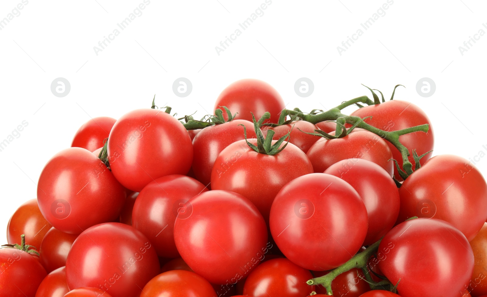 Many fresh ripe cherry tomatoes isolated on white Photo of Many fresh ripe cherry tomatoes isolated on white