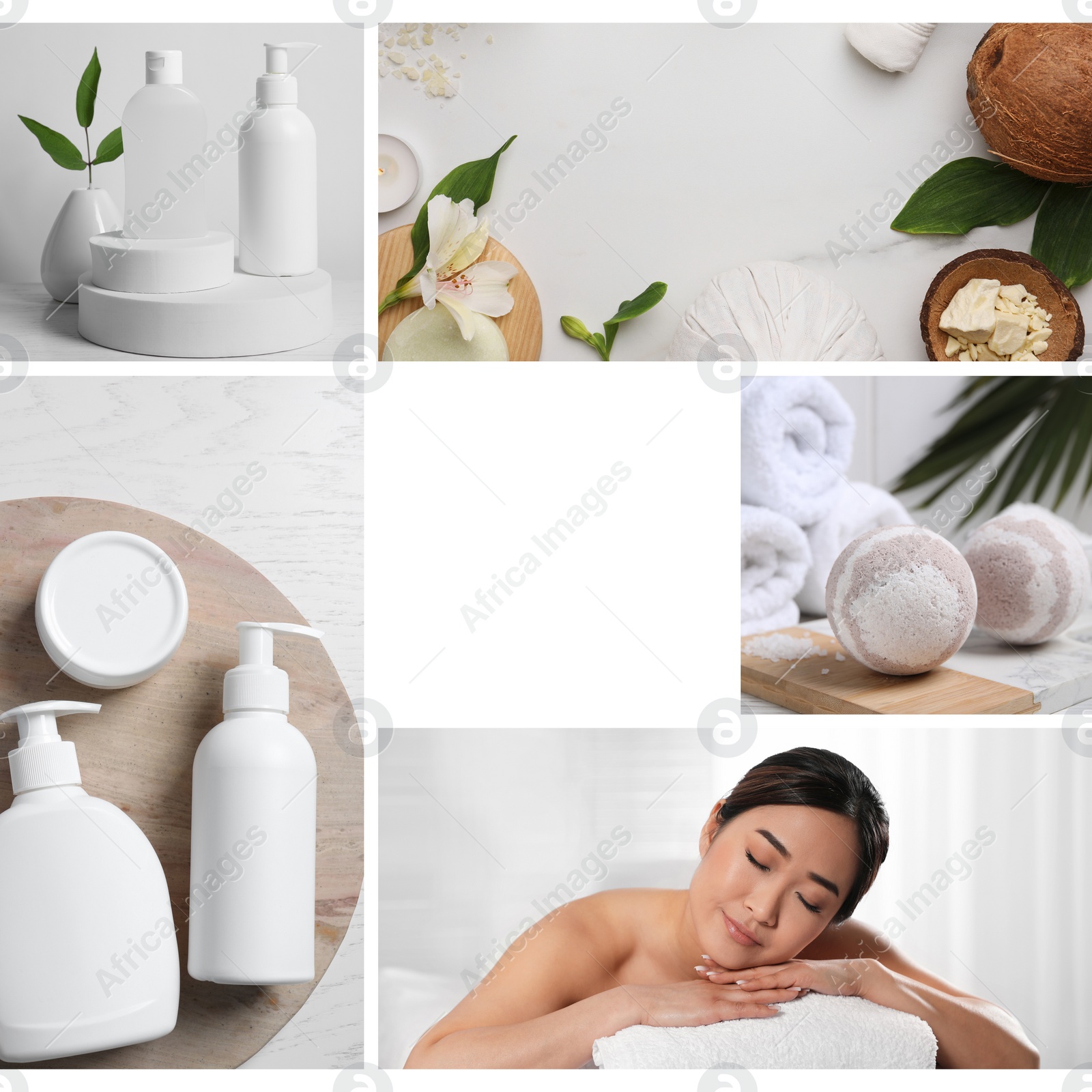 Image of Beauty and health care, collage. Photo of woman relaxing in spa salon, different supplies and products. Space for text