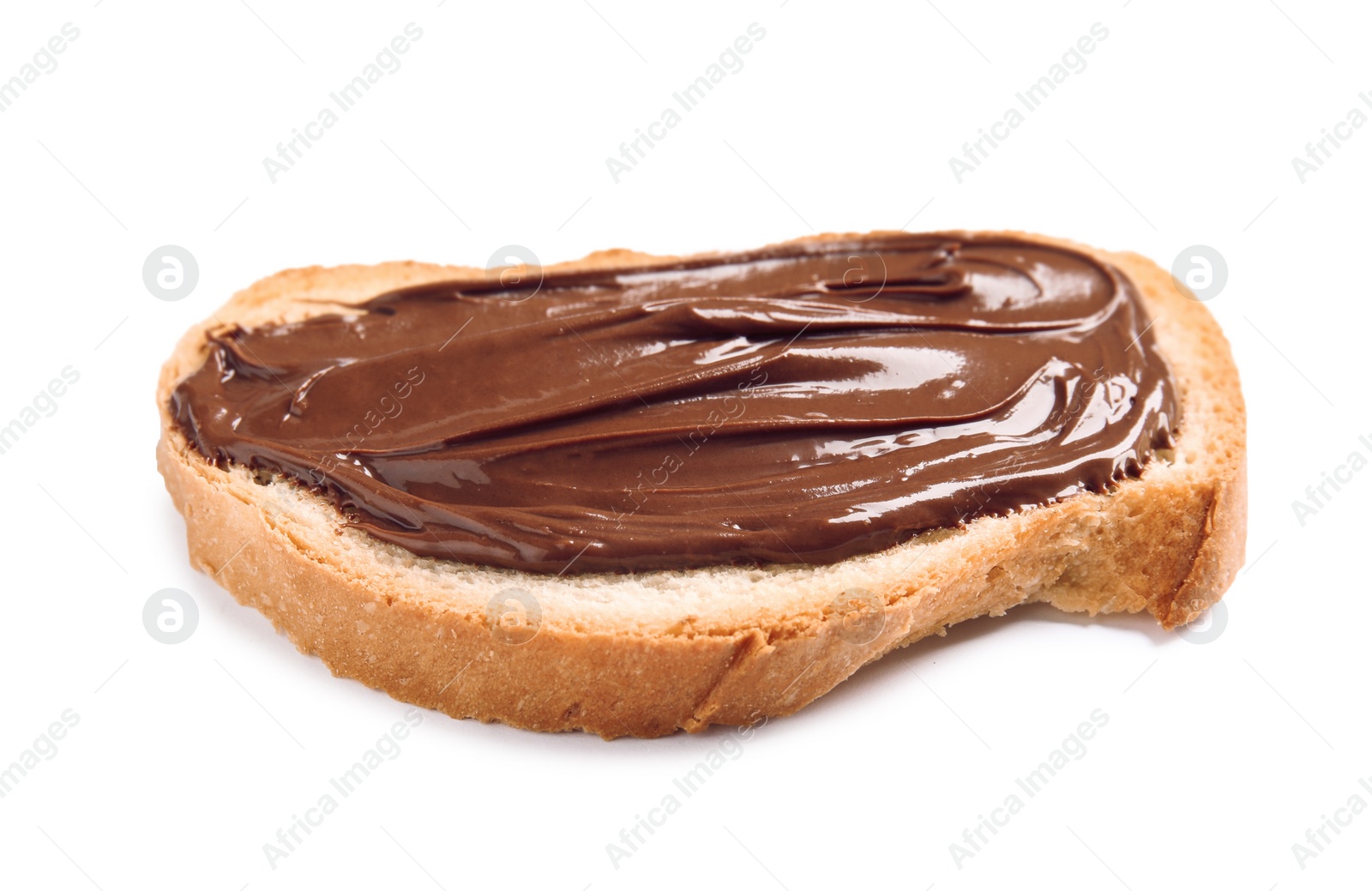 Photo of Bread with tasty chocolate cream isolated on white