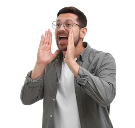 Photo of Special promotion. Man shouting to announce information on white background