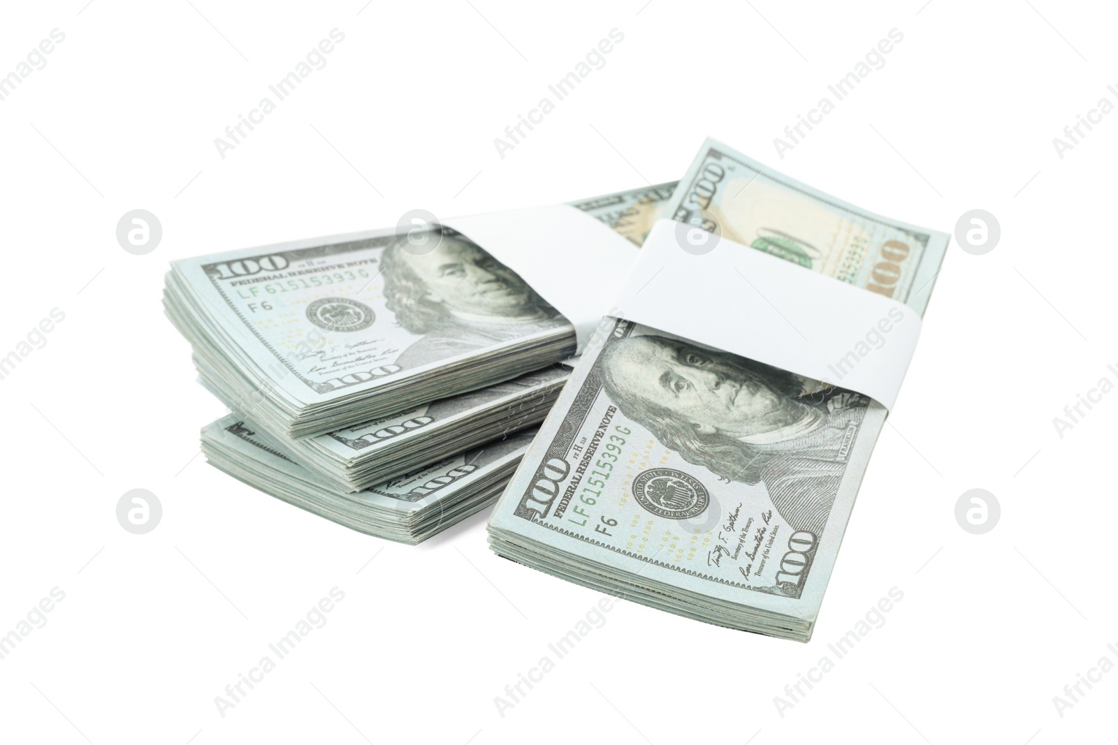 Photo of Bundles of dollar banknotes isolated on white. American national currency