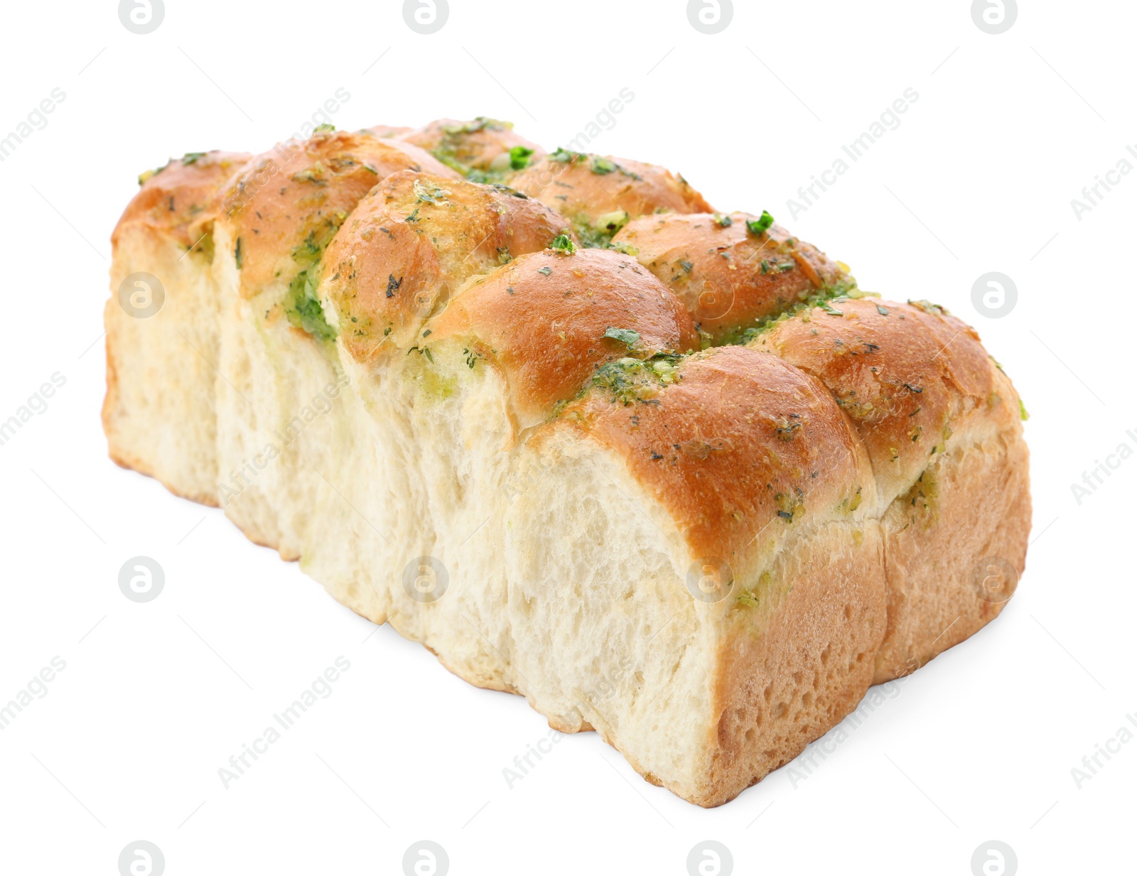 Photo of Buns of bread with garlic and herbs on white background