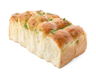 Photo of Buns of bread with garlic and herbs on white background