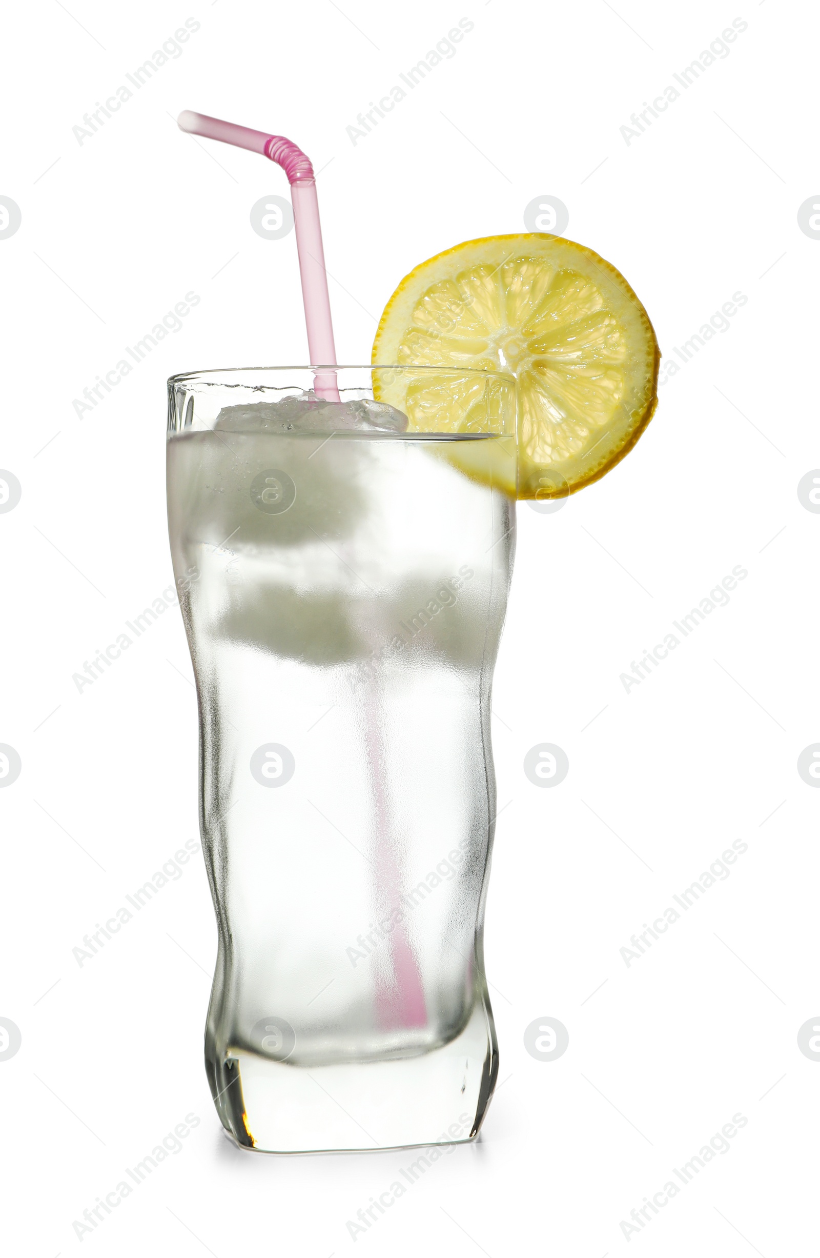 Photo of Glass of water with lemon, ice and straw on white background. Refreshing drink