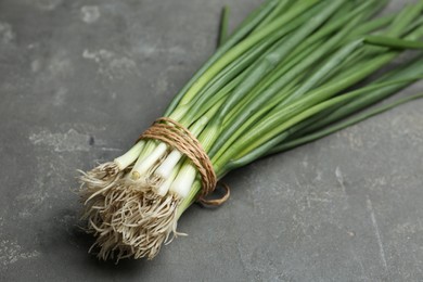 Fresh green spring onions on grey table, closeup