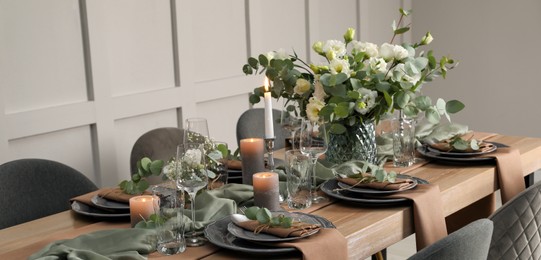 Image of Festive table setting with beautiful floral decor indoors. Banner design