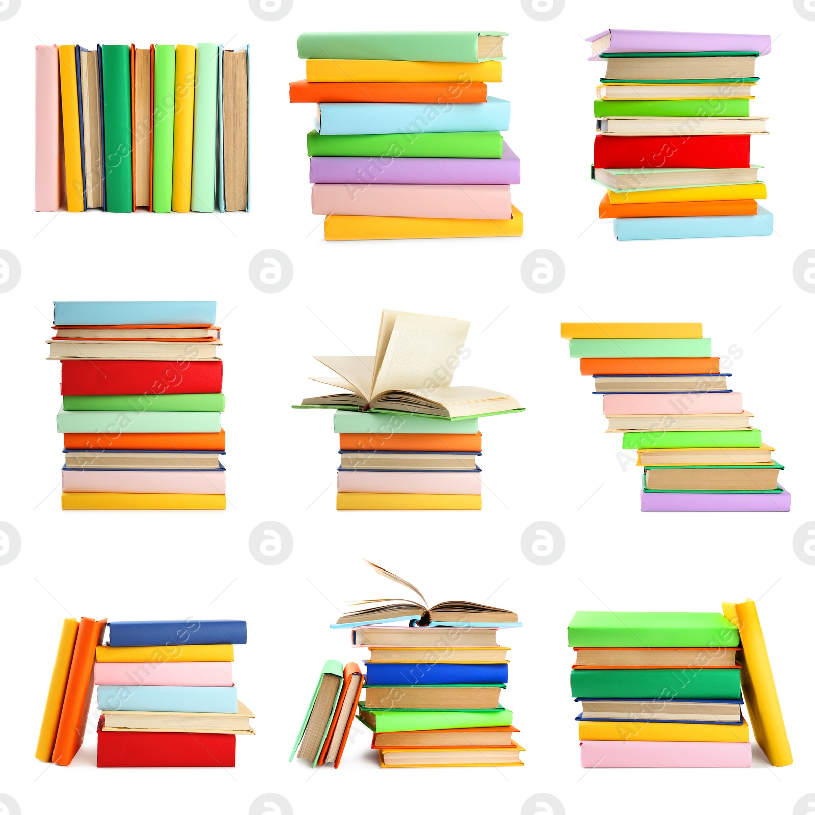 Image of Set of different bright hardcover books on white background