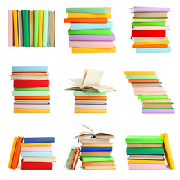 Image of Set of different bright hardcover books on white background