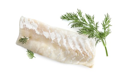 Photo of Fresh raw cod fillet with dill isolated on white, top view