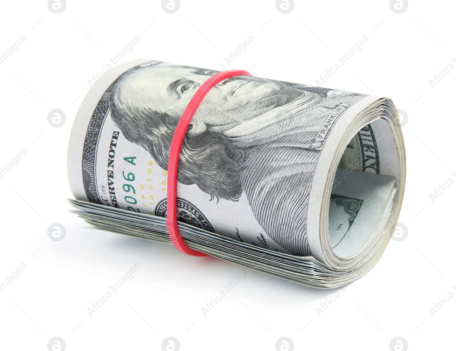 Photo of Roll of dollar bills with rubber band on white background