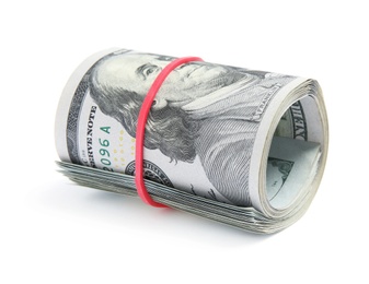 Photo of Roll of dollar bills with rubber band on white background