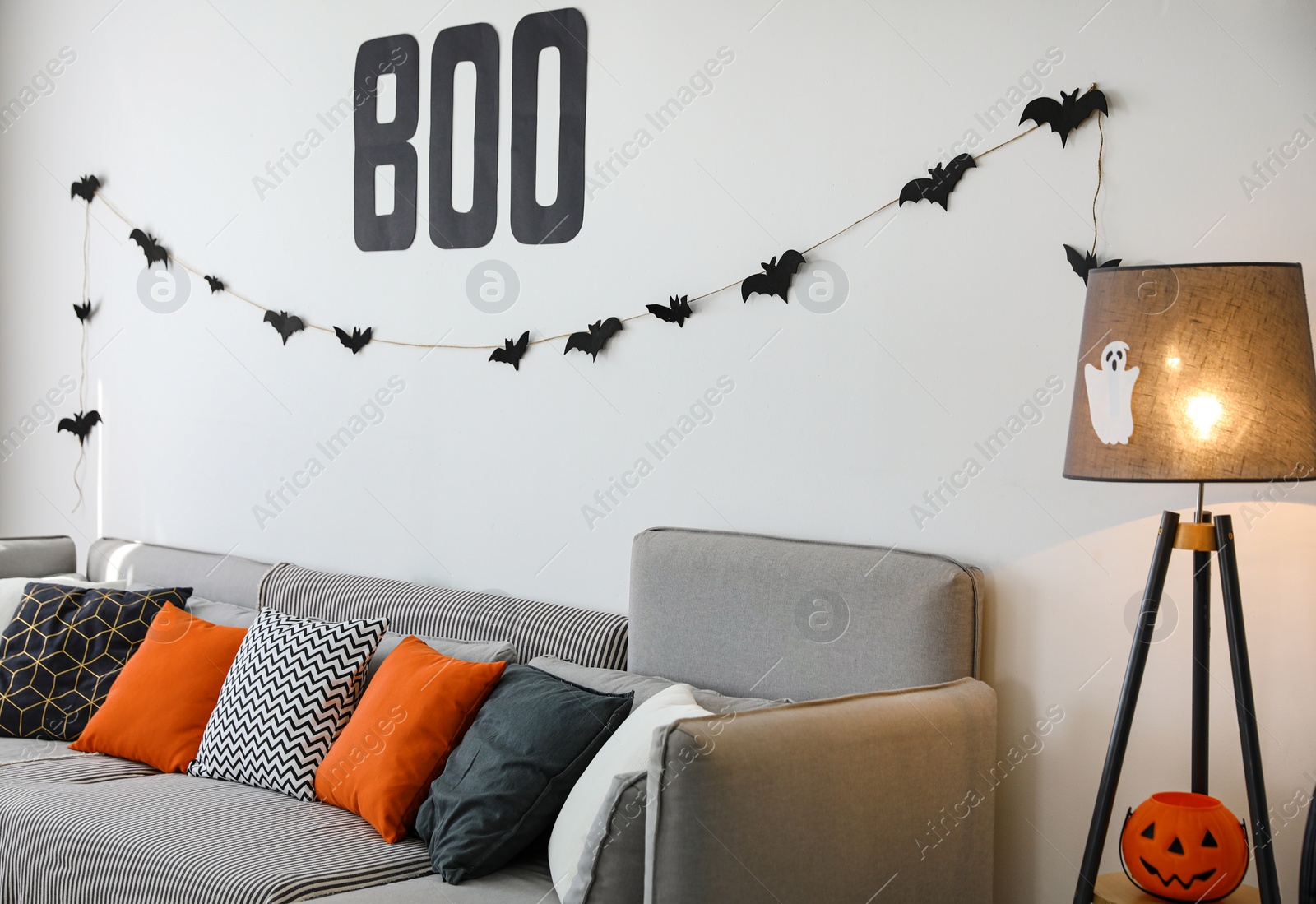 Photo of Modern room decorated for Halloween. Festive interior