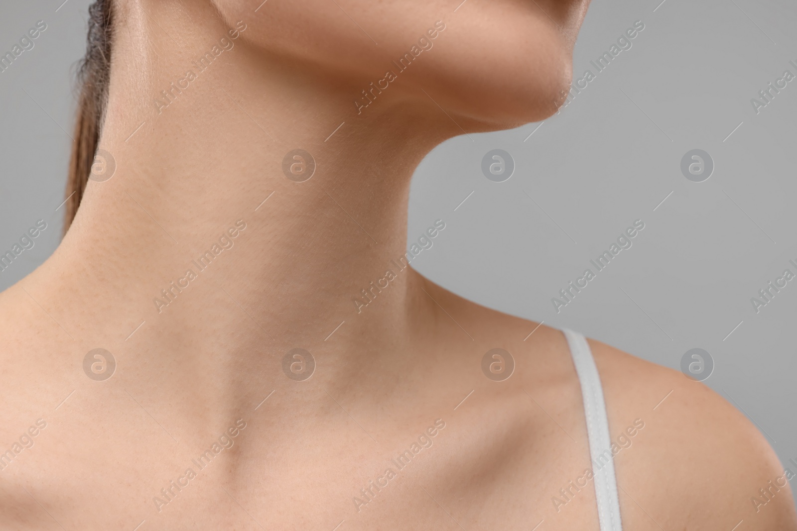 Photo of Beauty concept. Woman on grey background, closeup