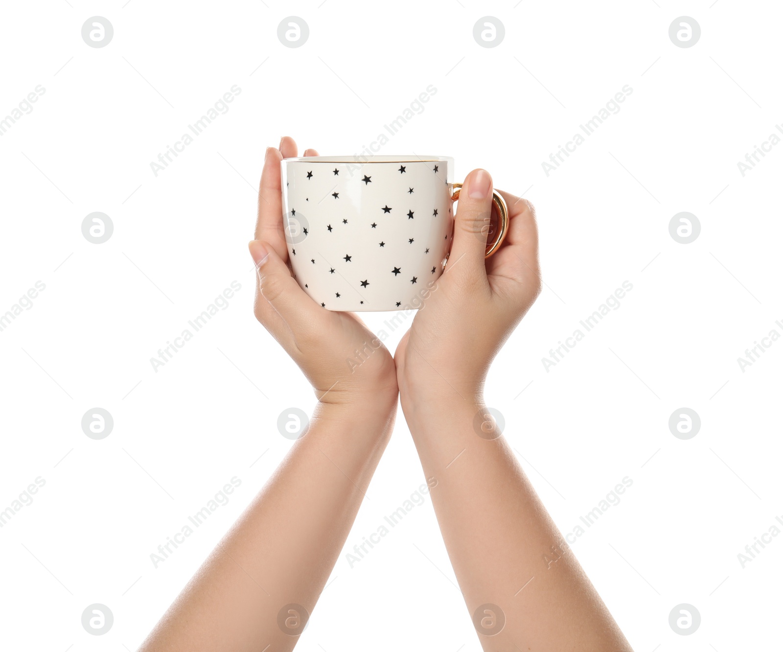 Photo of Woman holding cup on white background, closeup