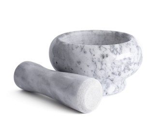 Photo of Marble mortar and pestle on white background