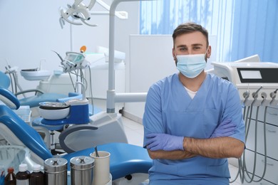 Portrait of professional dentist at workplace in clinic