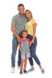 Photo of Happy family with daughter on white background