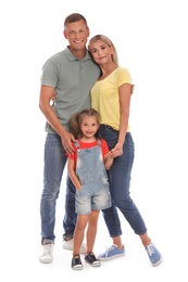 Happy family with daughter on white background