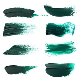 Image of Dark green oil paint strokes isolated on white, top view