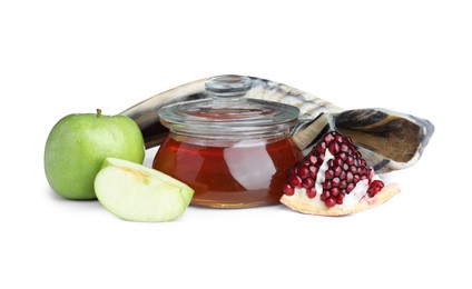 Photo of Honey, apples and pomegranate on white background. Rosh Hashanah holiday