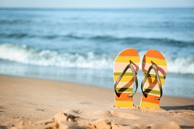 Stylish flip flops on sand near sea, space for text. Beach accessories