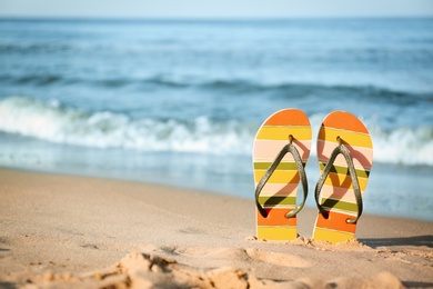 Photo of Stylish flip flops on sand near sea, space for text. Beach accessories