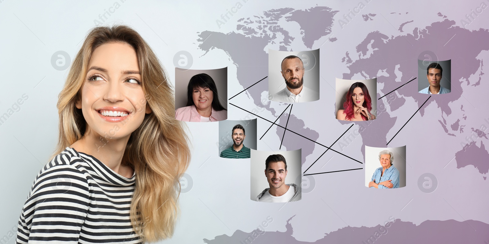 Image of Woman on light grey pink gradient background, World map illustration with scheme of avatars linked together as network
