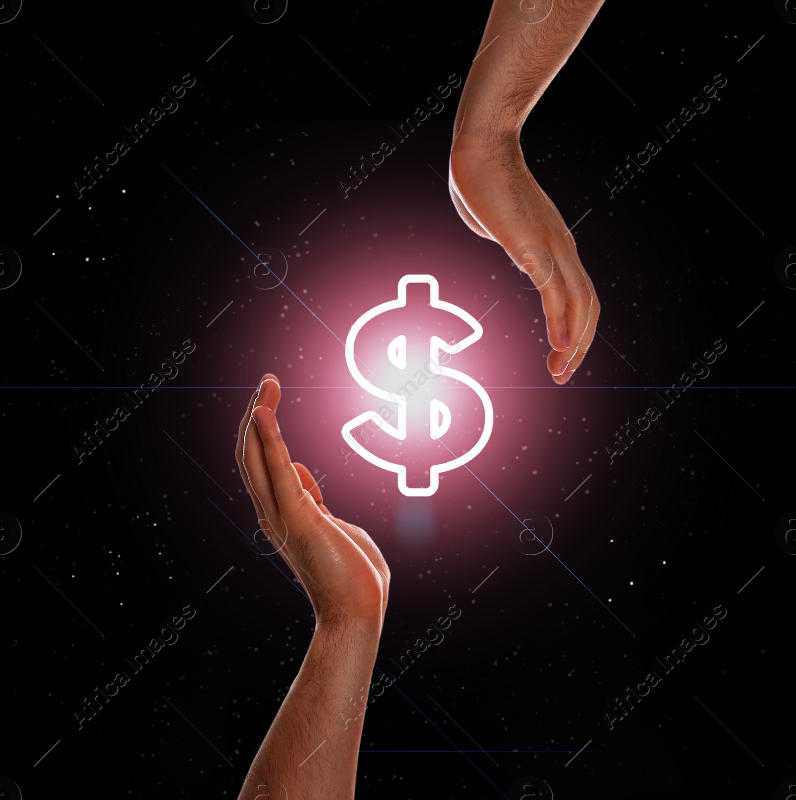 Image of Men demonstrating virtual dollar sign on dark background, closeup