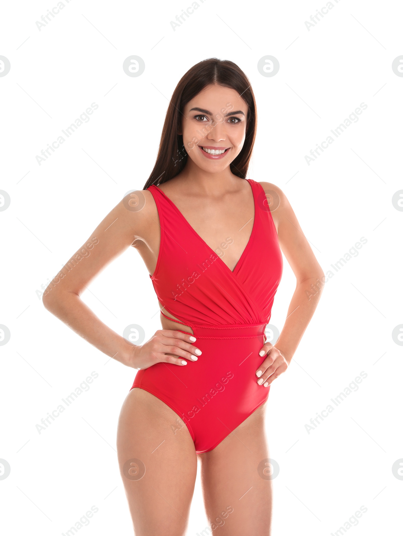 Photo of Portrait of attractive young woman with slim body in swimwear on white background