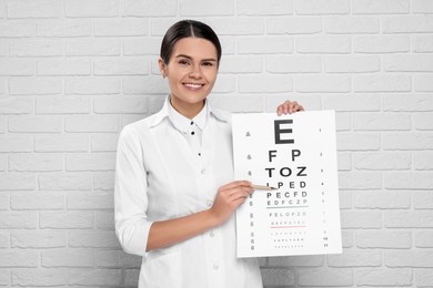 Ophthalmologist pointing at vision test chart near white brick wall