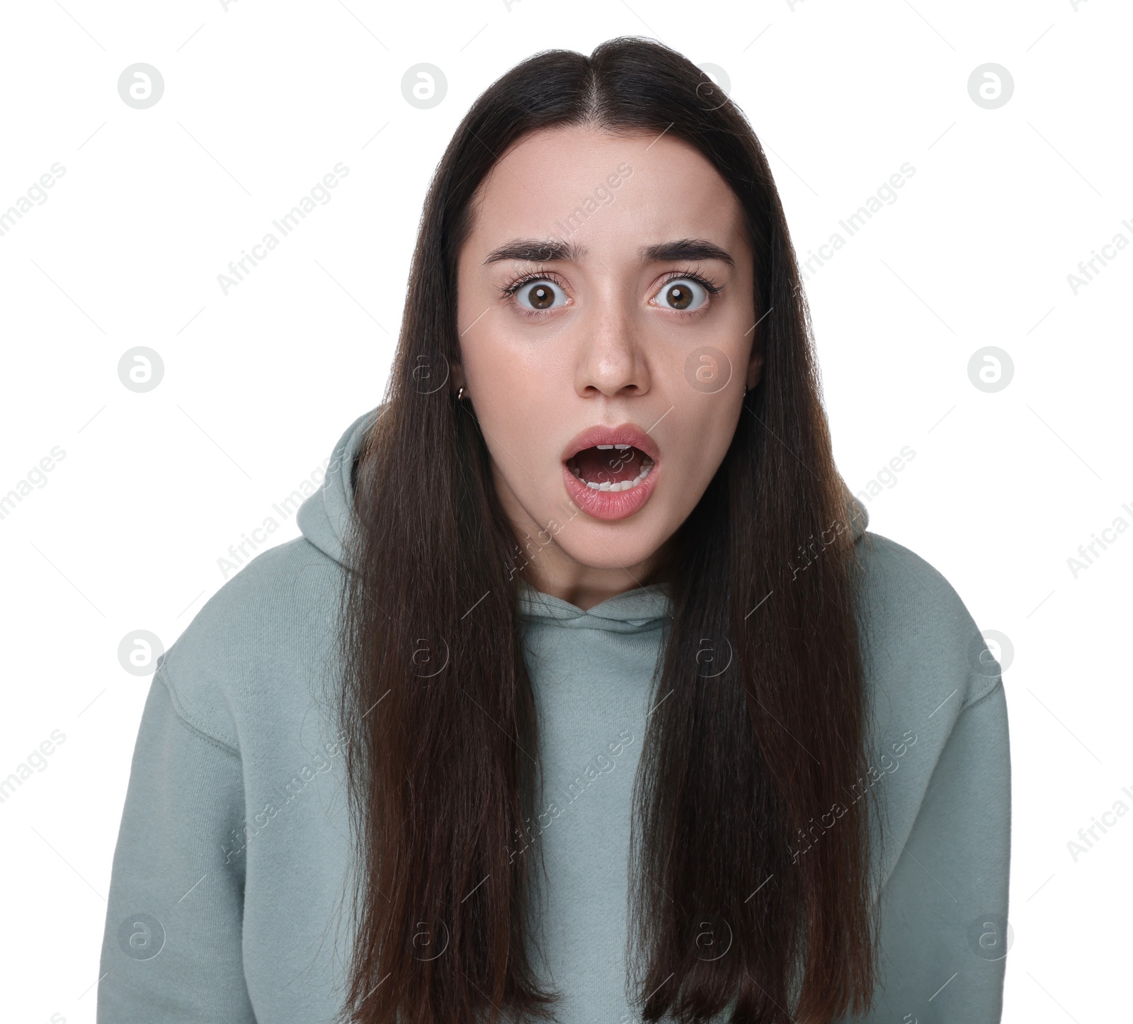 Photo of Portrait of surprised young woman on white background