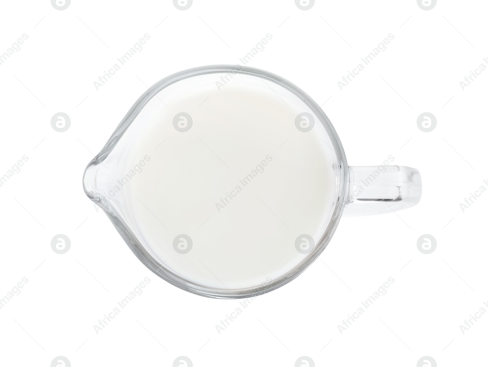 Photo of Jug of fresh milk isolated on white, top view