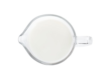 Photo of Jug of fresh milk isolated on white, top view