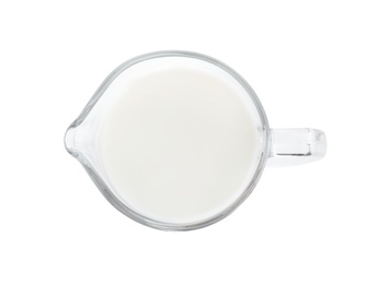 Jug of fresh milk isolated on white, top view