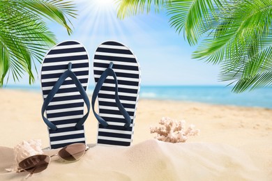 Image of Striped flip flops, coral, sea shell and sunglasses on sandy beach 