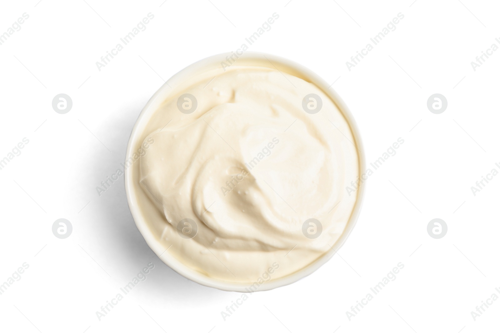 Photo of Bowl with fresh sour cream isolated on white, top view