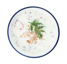 Delicious cold summer soup on white background, top view